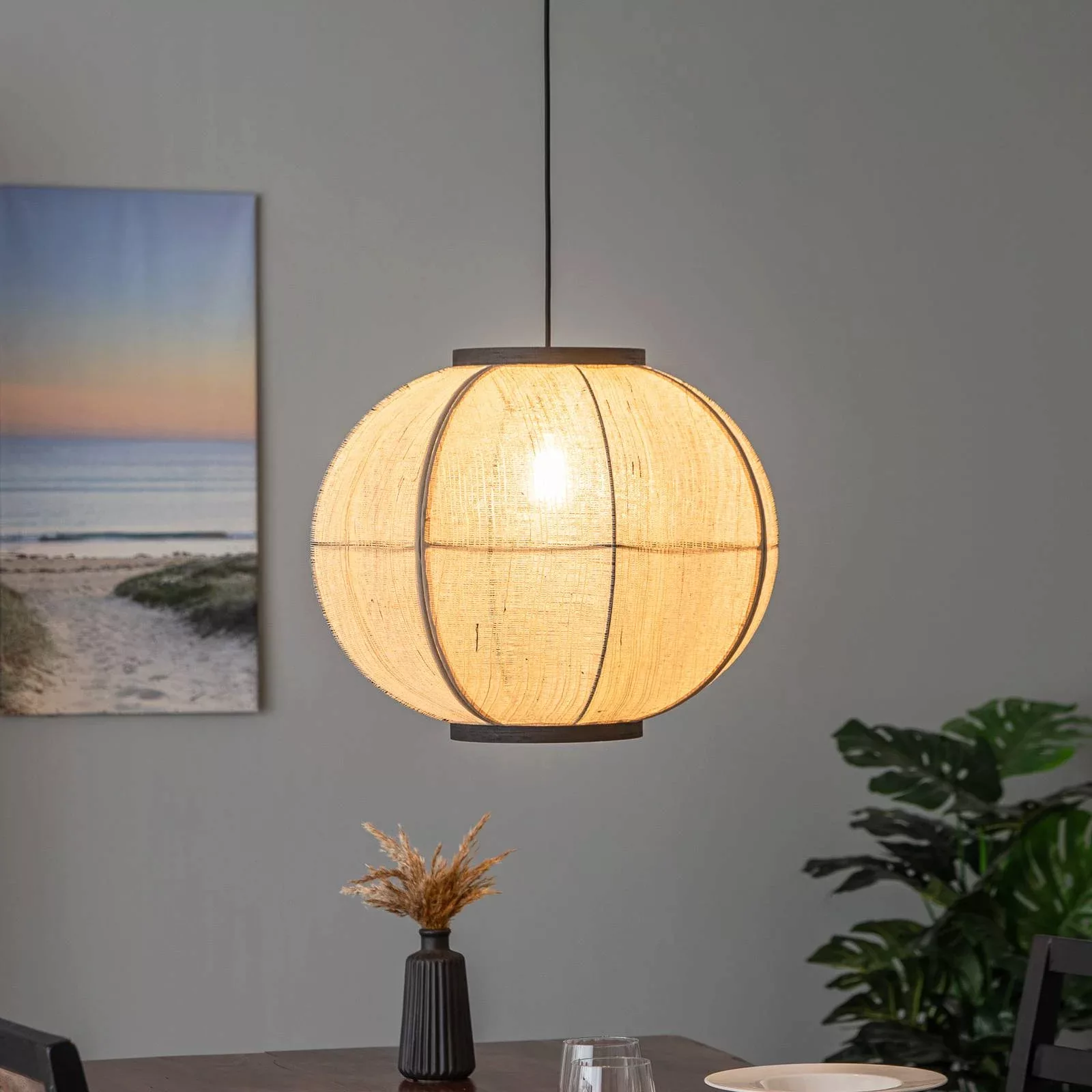 Lindby Hängeleuchte Aurinil, holzfarben, Leinen, Ø 48cm, E27 günstig online kaufen