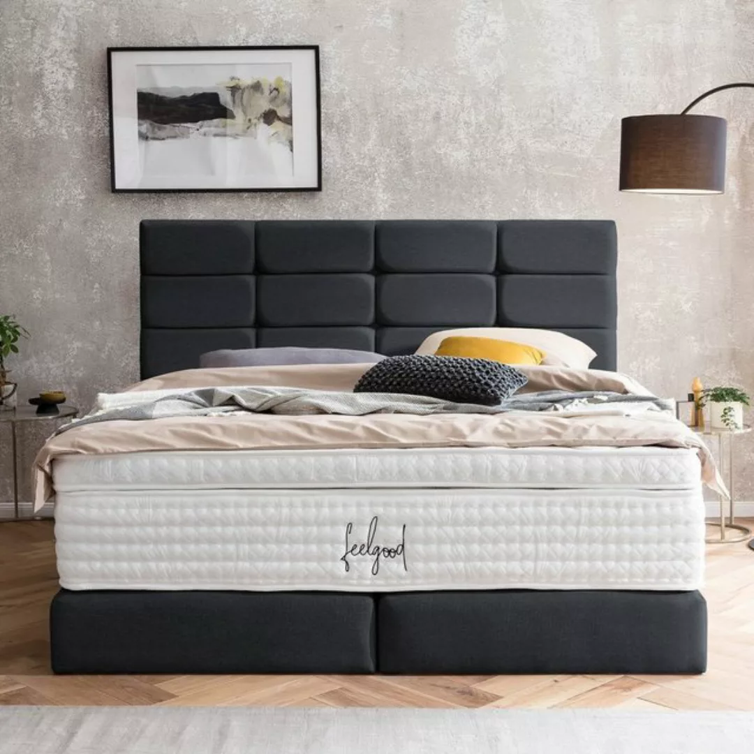 BettCo Boxspringbett Kansas (in Schwarz Webstoff, 180 x 200 cm), Kachel-Des günstig online kaufen