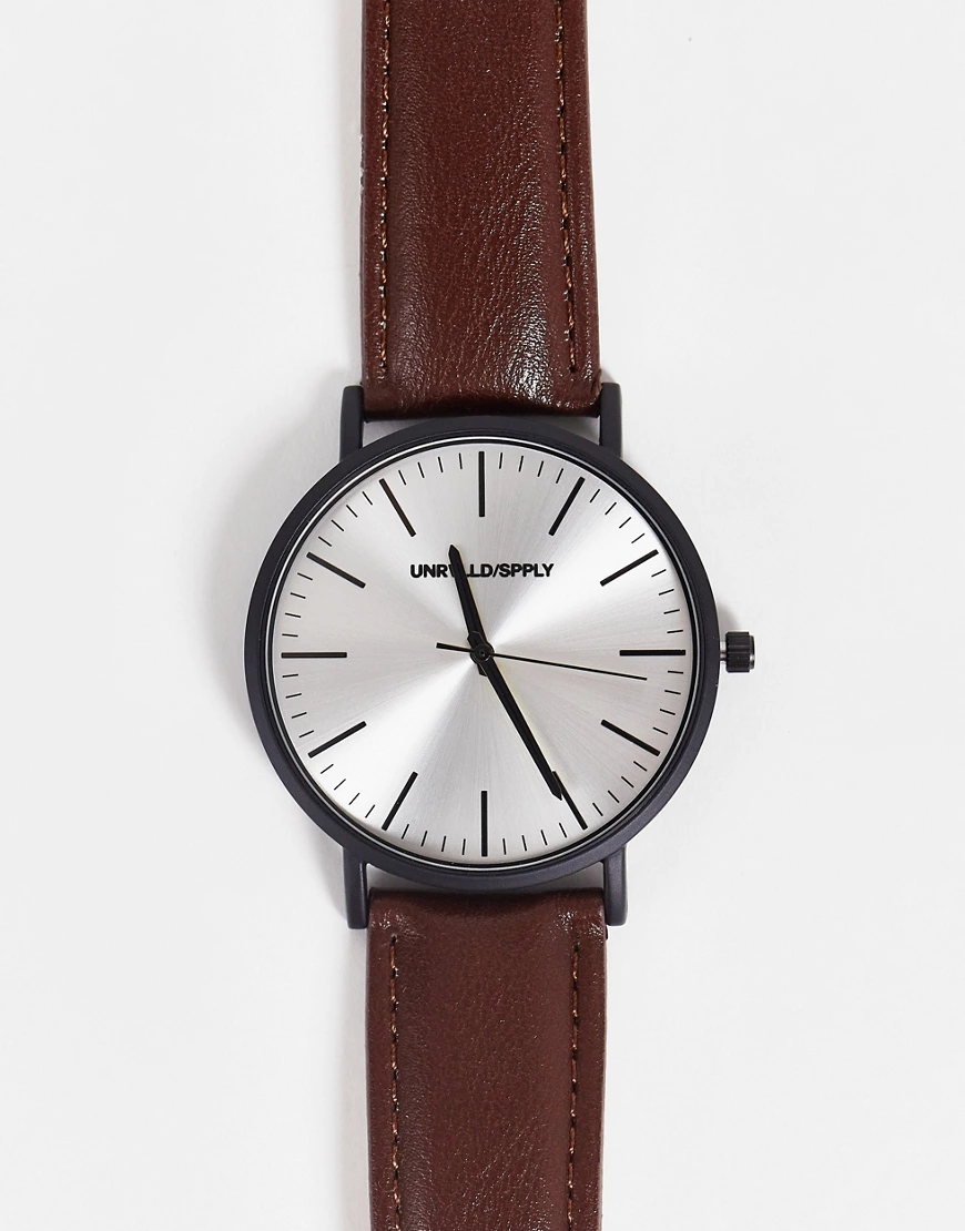 ASOS DESIGN – Klassische Uhr mit Gehäuse in Mattschwarz und Armband in Brau günstig online kaufen