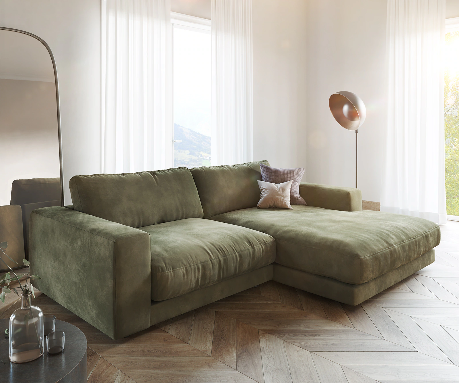 DELIFE Ecksofa Cubico, Samt Olive 250x190 Recamiere rechts Ecksofa günstig online kaufen