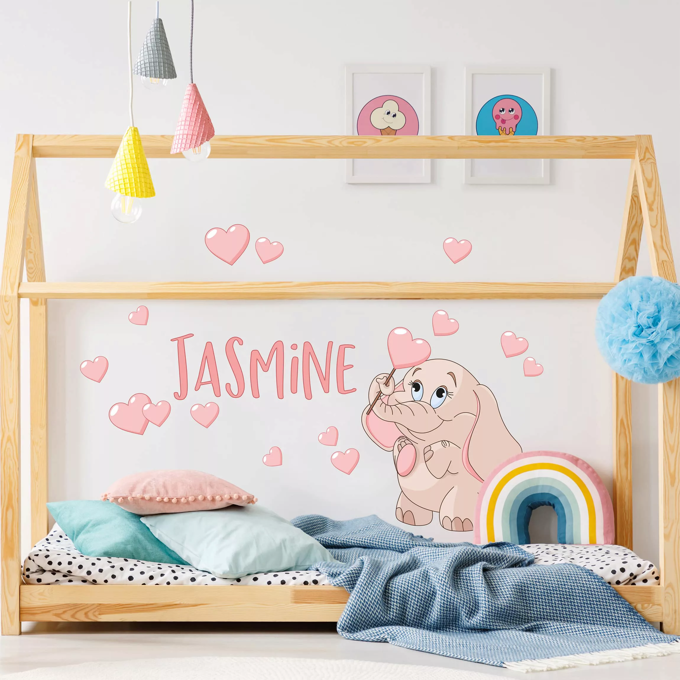 Wunschtext-Wandtattoo Kinderzimmer Rosa Babyelefant mit vielen Herzen günstig online kaufen