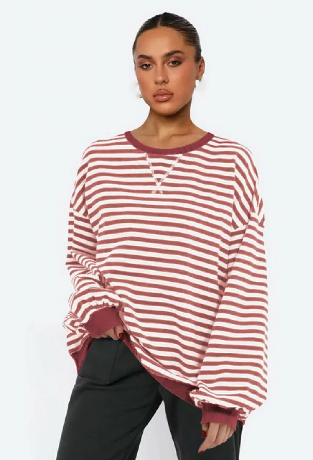 CHENIN Langarmhemd Damen Fashion Rundhalsausschnitt Clashing Stripe Top Läs günstig online kaufen