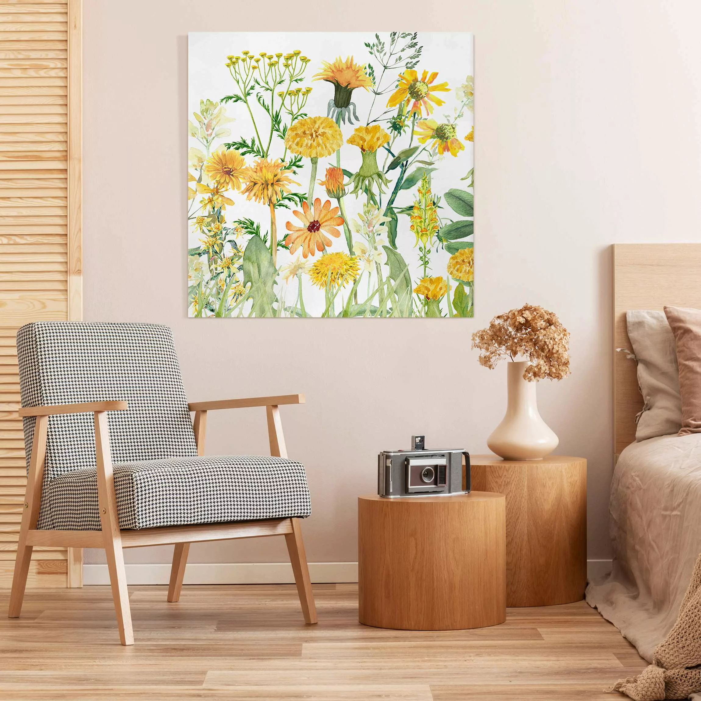 Leinwandbild Aquarellierte Blumenwiese in Gelb günstig online kaufen