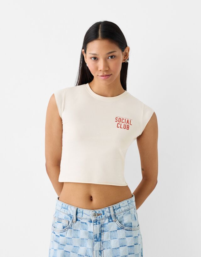 Bershka T-Shirt Mit Print Damen Xs Beige günstig online kaufen