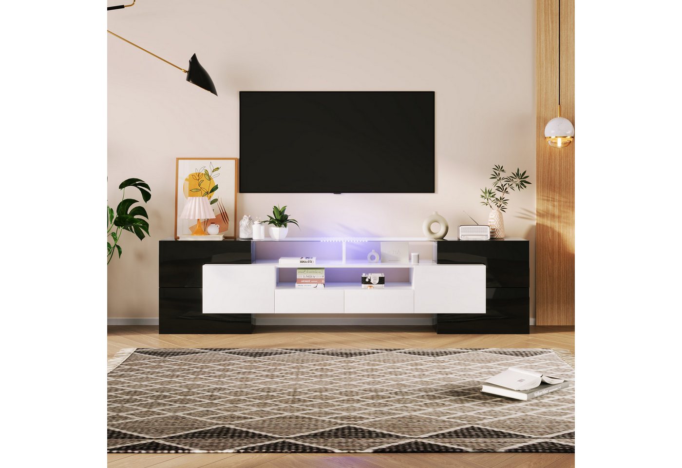 MODFU TV-Schrank Lowboard (1-St., Schwarz+Weiß, 200 cm) Elegante Glasoberfl günstig online kaufen
