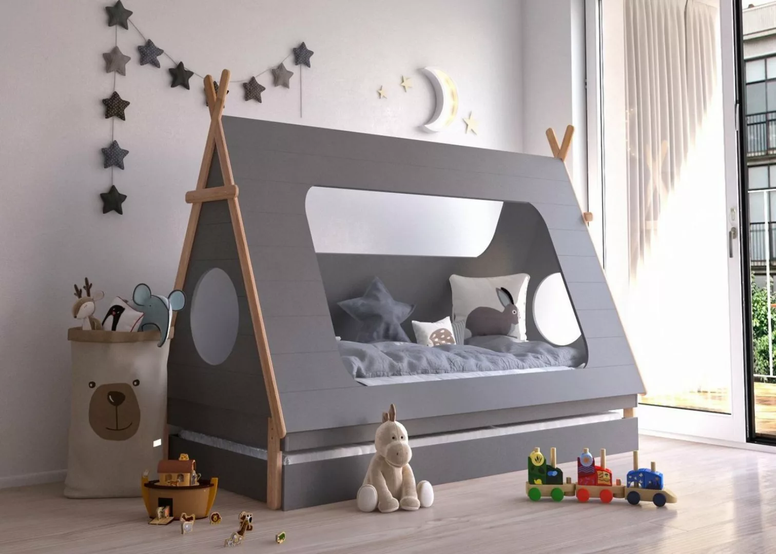 TPFLiving Kinderbett Fryak - Zeltbett mit Rausfallschutz - MDF-Platten/Pini günstig online kaufen