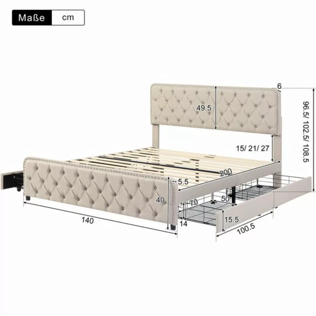 Fangqi Polsterbett 140*200cm Doppelbett,vier Schubladen,Lattenrost aus Holz günstig online kaufen