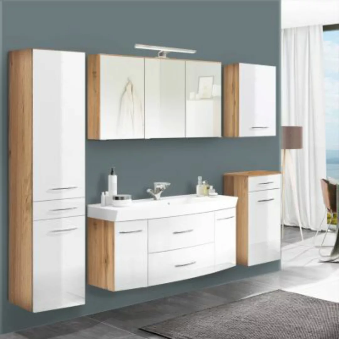 Lomadox Badezimmermöbel Set mit 120cm Waschtisch FLORIDO-03-OAK Hochglanz w günstig online kaufen