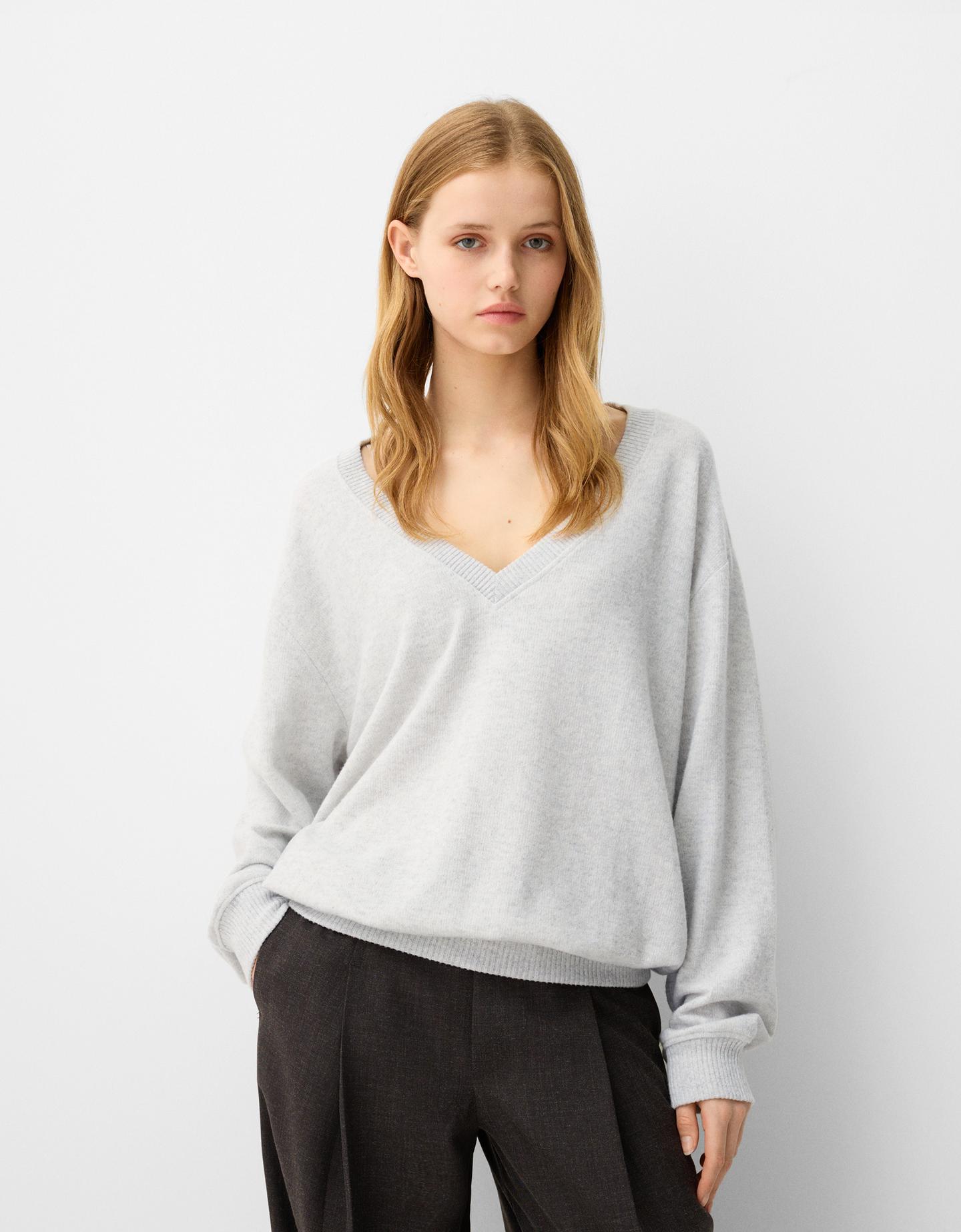 Bershka Oversize-Pullover Mit V-Ausschnitt Damen M Grau günstig online kaufen