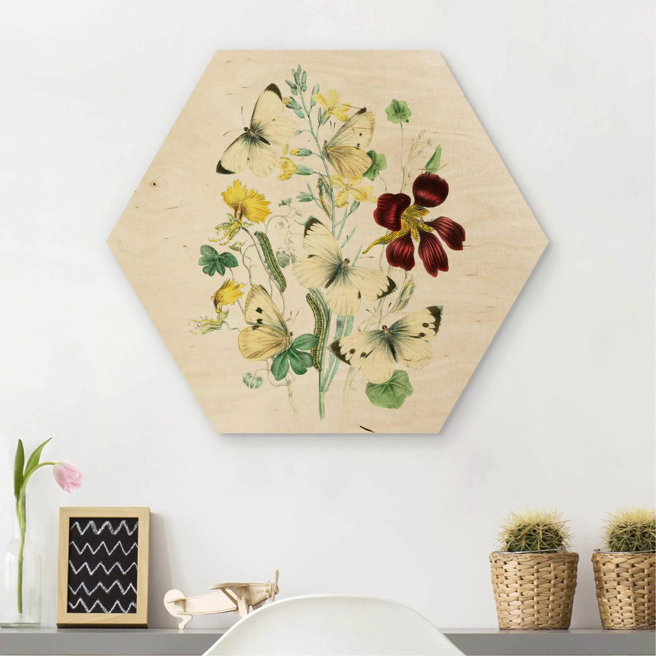 Hexagon-Holzbild Blumen Britische Schmetterlinge II günstig online kaufen