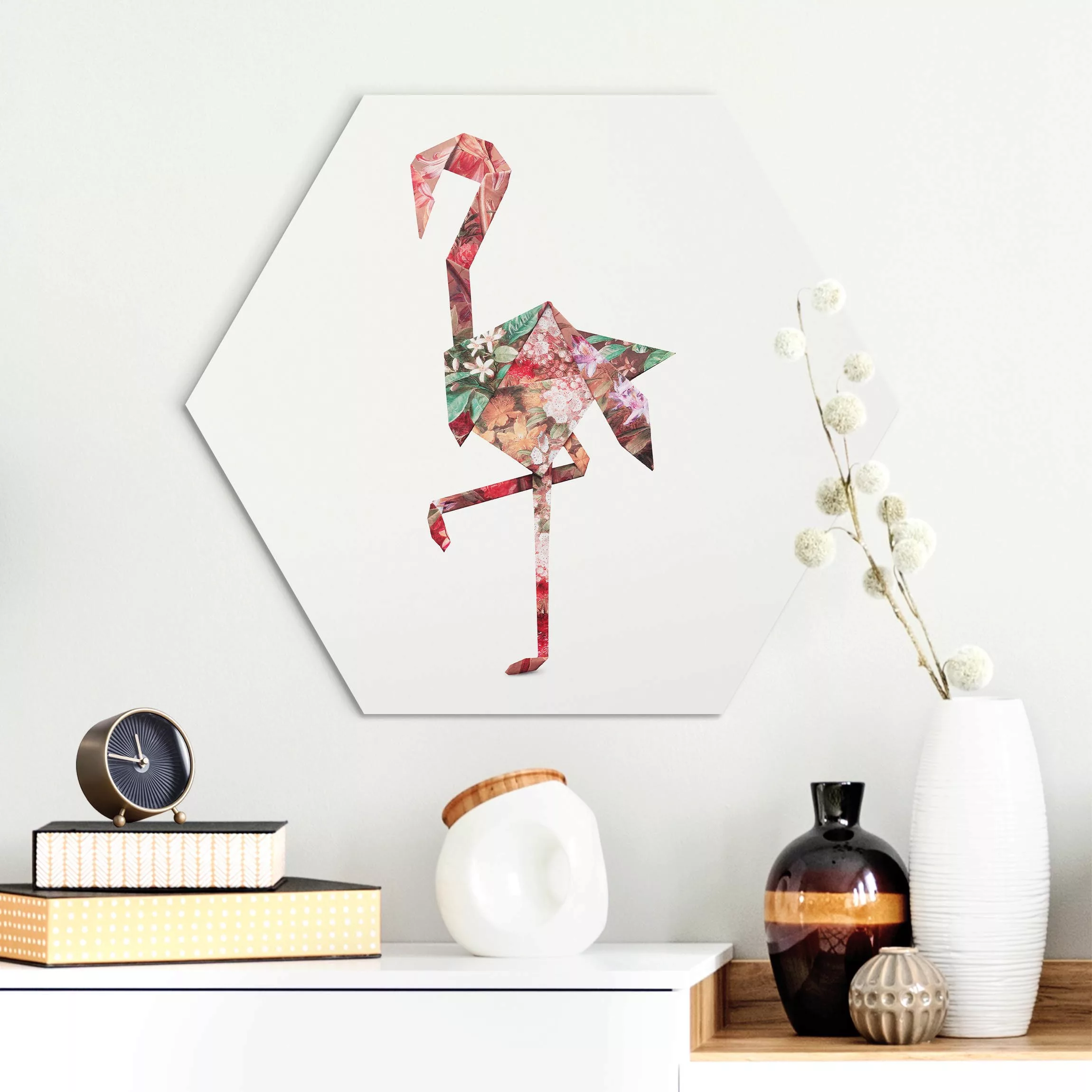 Hexagon-Alu-Dibond Bild Origami Flamingo günstig online kaufen