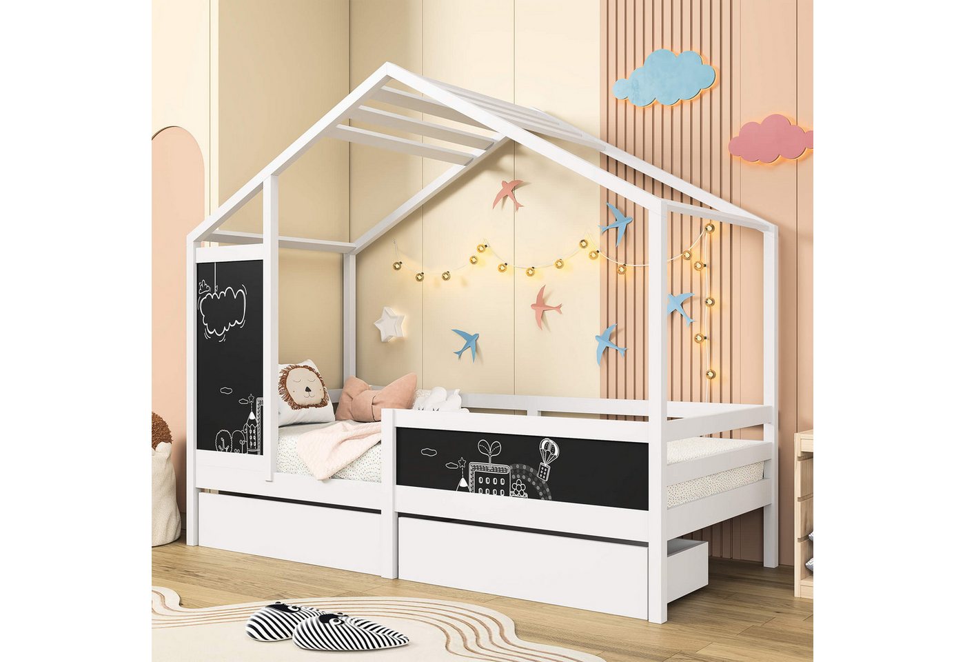 Furnishings Home Holzbett Kinderbett mit 2 Schubladen und 2 Zeichenbrettern günstig online kaufen