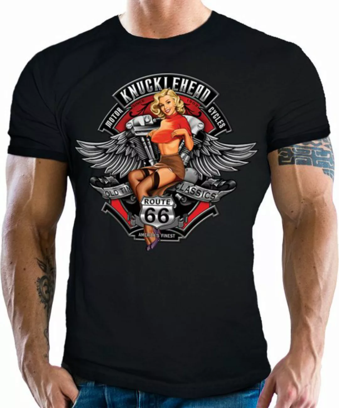 GASOLINE BANDIT® T-Shirt für Motorradfahrer und Biker: Knucklehead Pinup günstig online kaufen