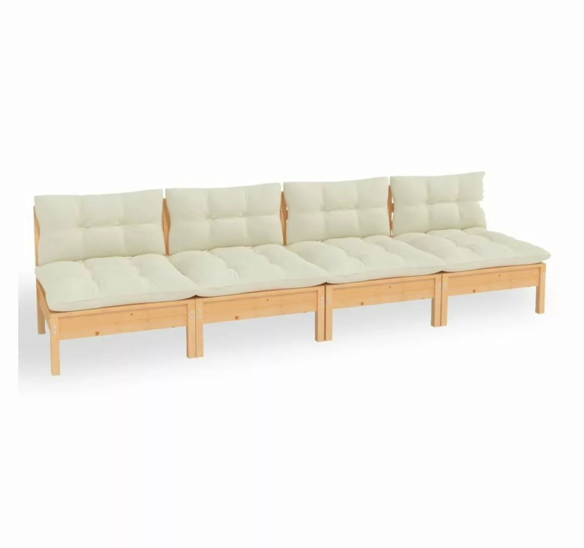 vidaXL Loungesofa 4-Sitzer-Gartensofa mit Creme Kissen Massivholz Kiefer, 1 günstig online kaufen