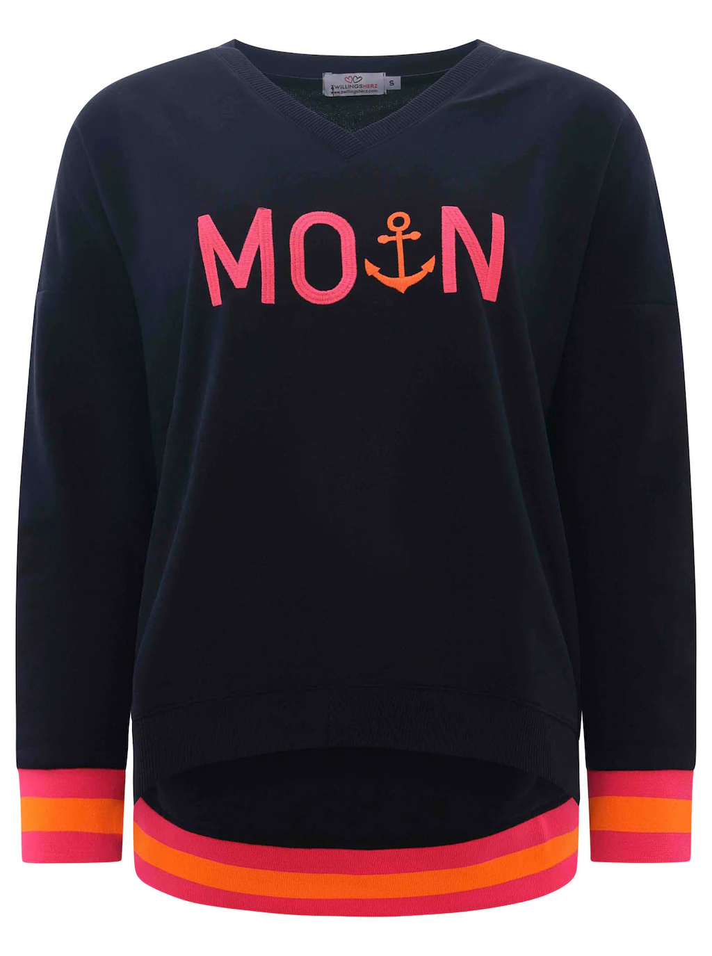 Zwillingsherz Sweatshirt mit V-Ausschnitt und aufgesticktem "Moin" in Neonf günstig online kaufen