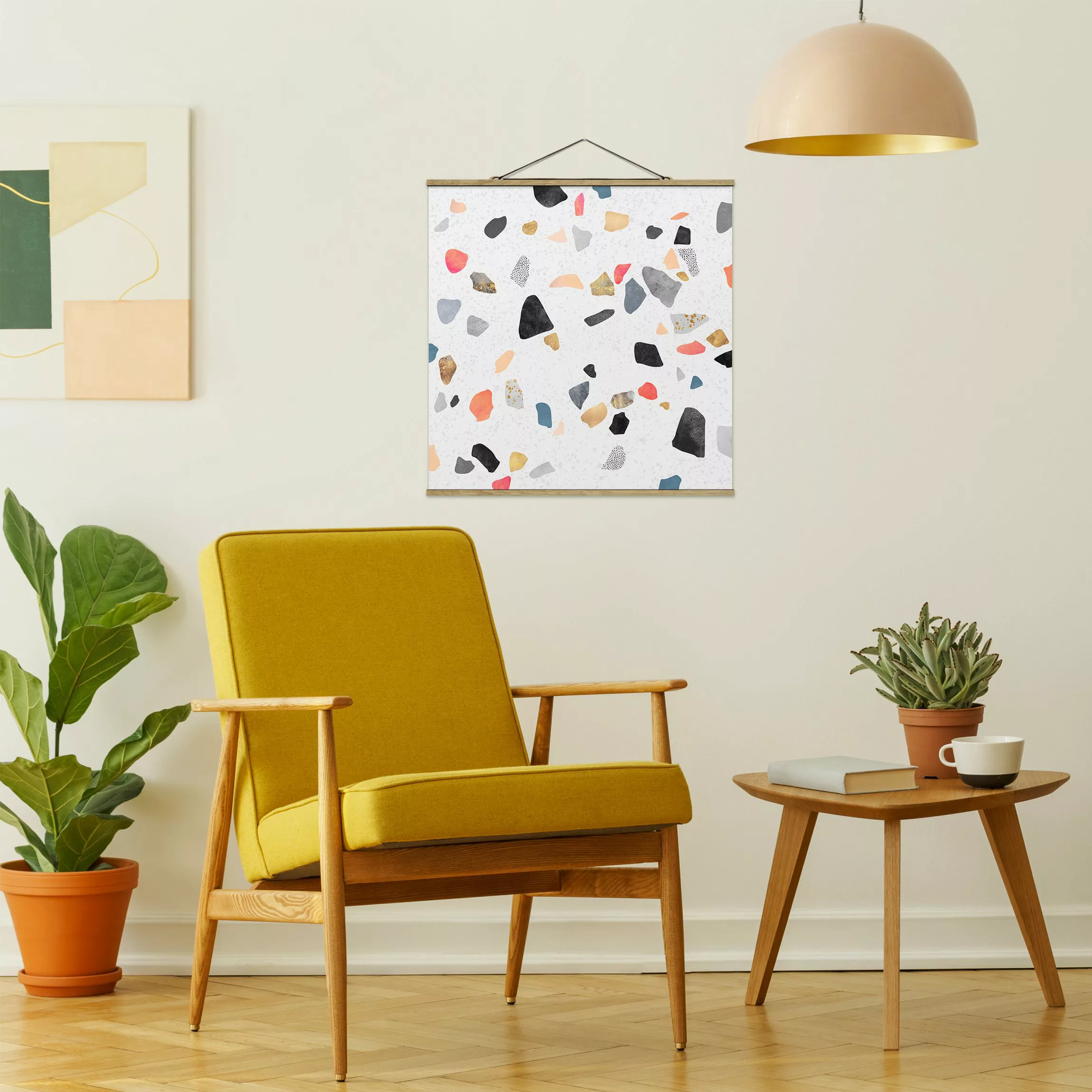 Stoffbild Abstrakt mit Posterleisten - Quadrat Weißer Terrazzo mit Goldstei günstig online kaufen