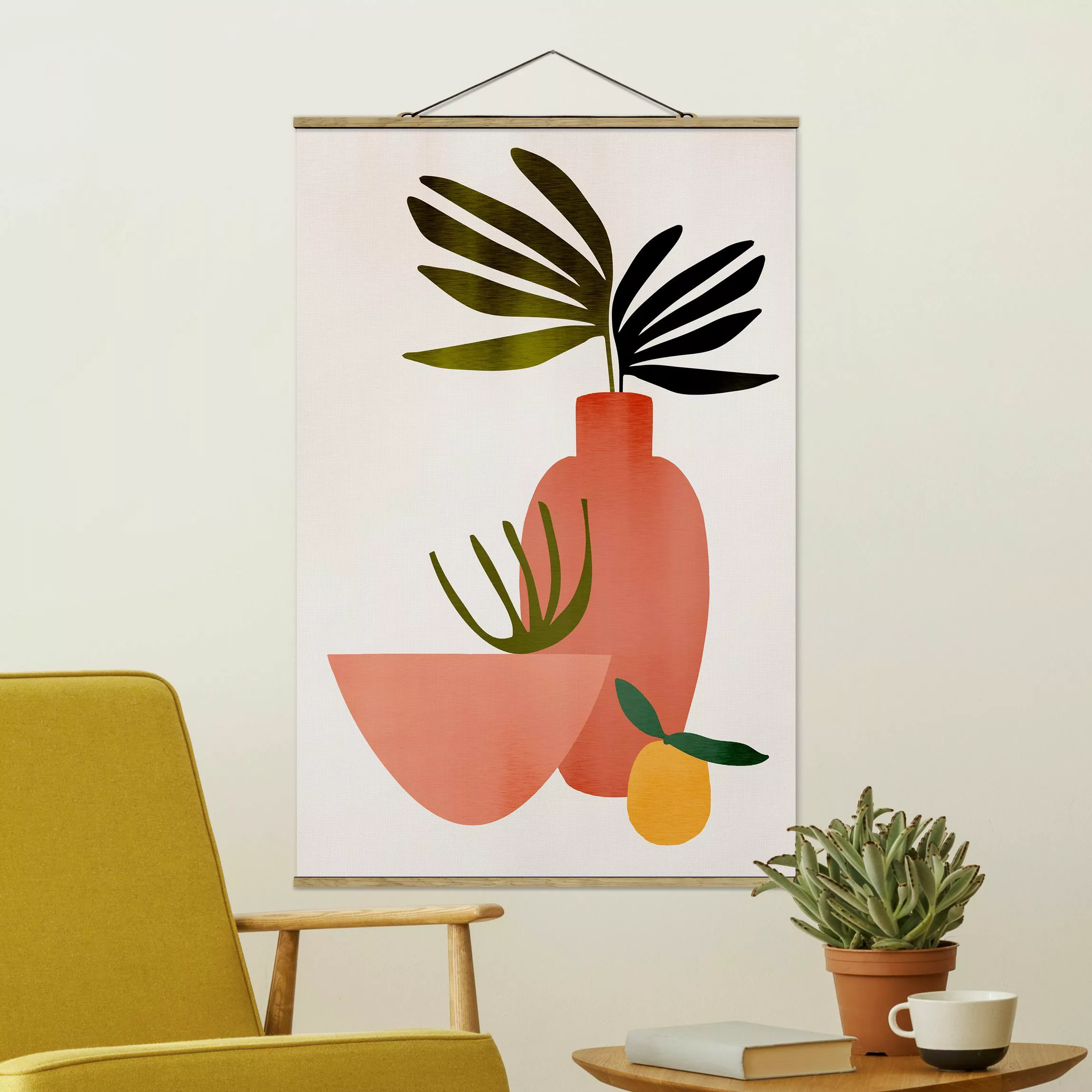 Stoffbild mit Posterleisten Rosa Vasen und Zitrone günstig online kaufen