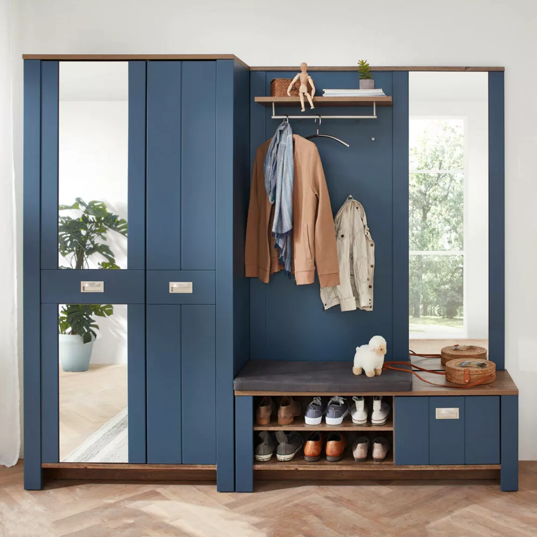 Garderoben Set mit Schrank und Spiegel, blau im Landhausstil mit Eiche, DEV günstig online kaufen