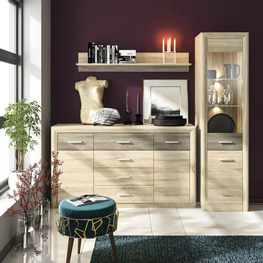 Wohnmöbel Set CORK-131 Kiefer hell 3-teilig Sideboard und Vitrine mit Beleu günstig online kaufen