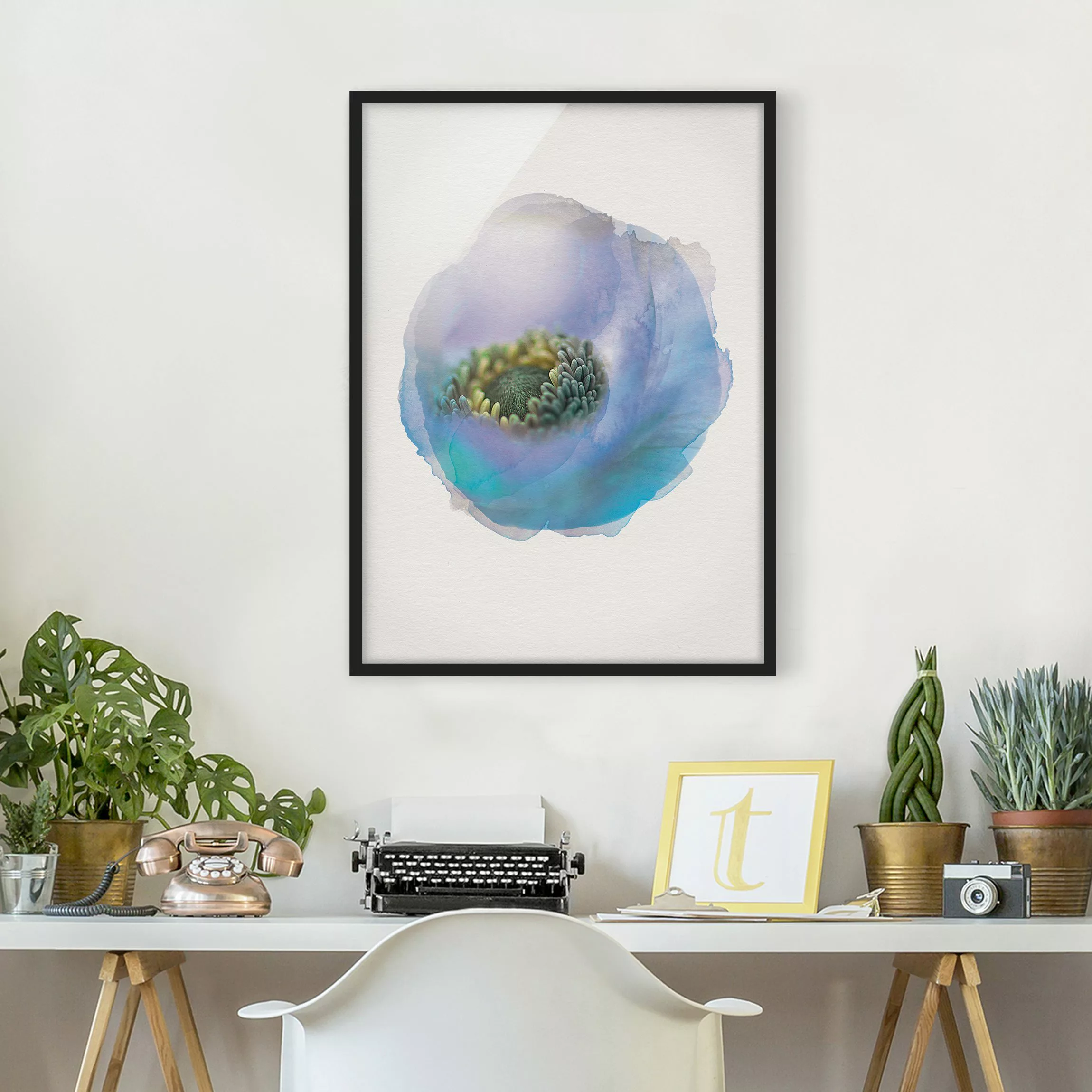 Bild mit Rahmen Blumen - Hochformat Wasserfarben - Anemone auf dem Fluss günstig online kaufen