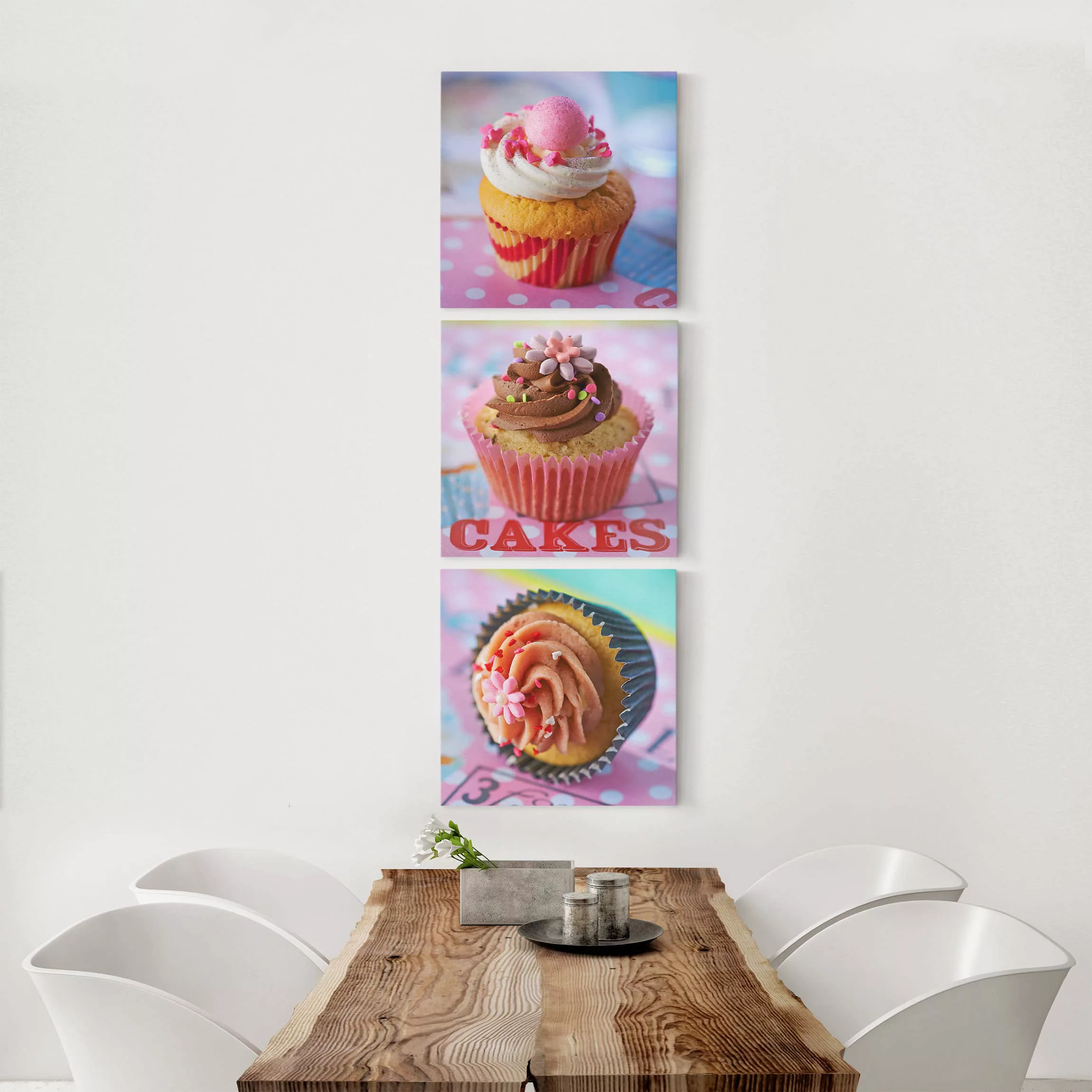 3-teiliges Leinwandbild Küche - Quadrat Bunte Cupcakes günstig online kaufen