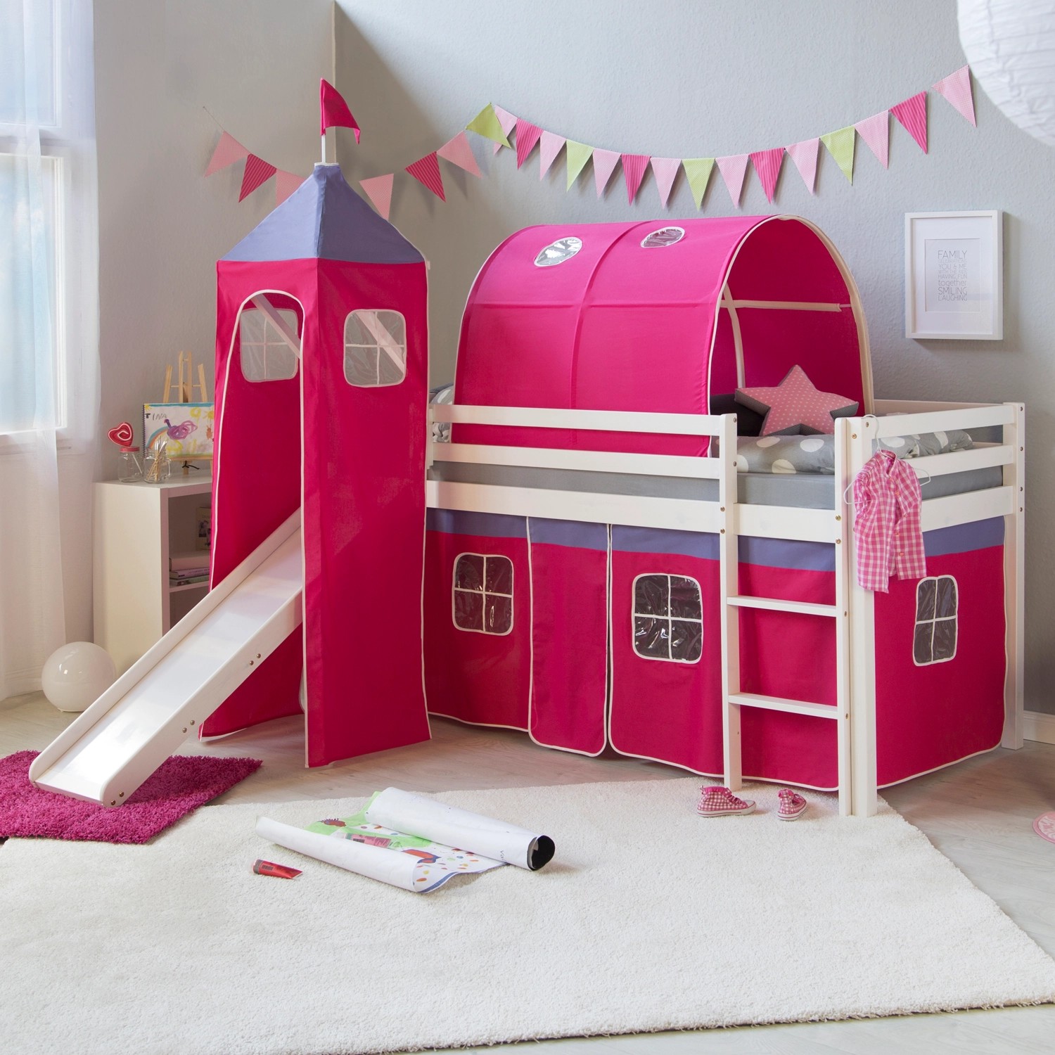 Homestyle4u Hochbett 90x200 Weiß mit Rutsche Vorhang Pink  539 günstig online kaufen