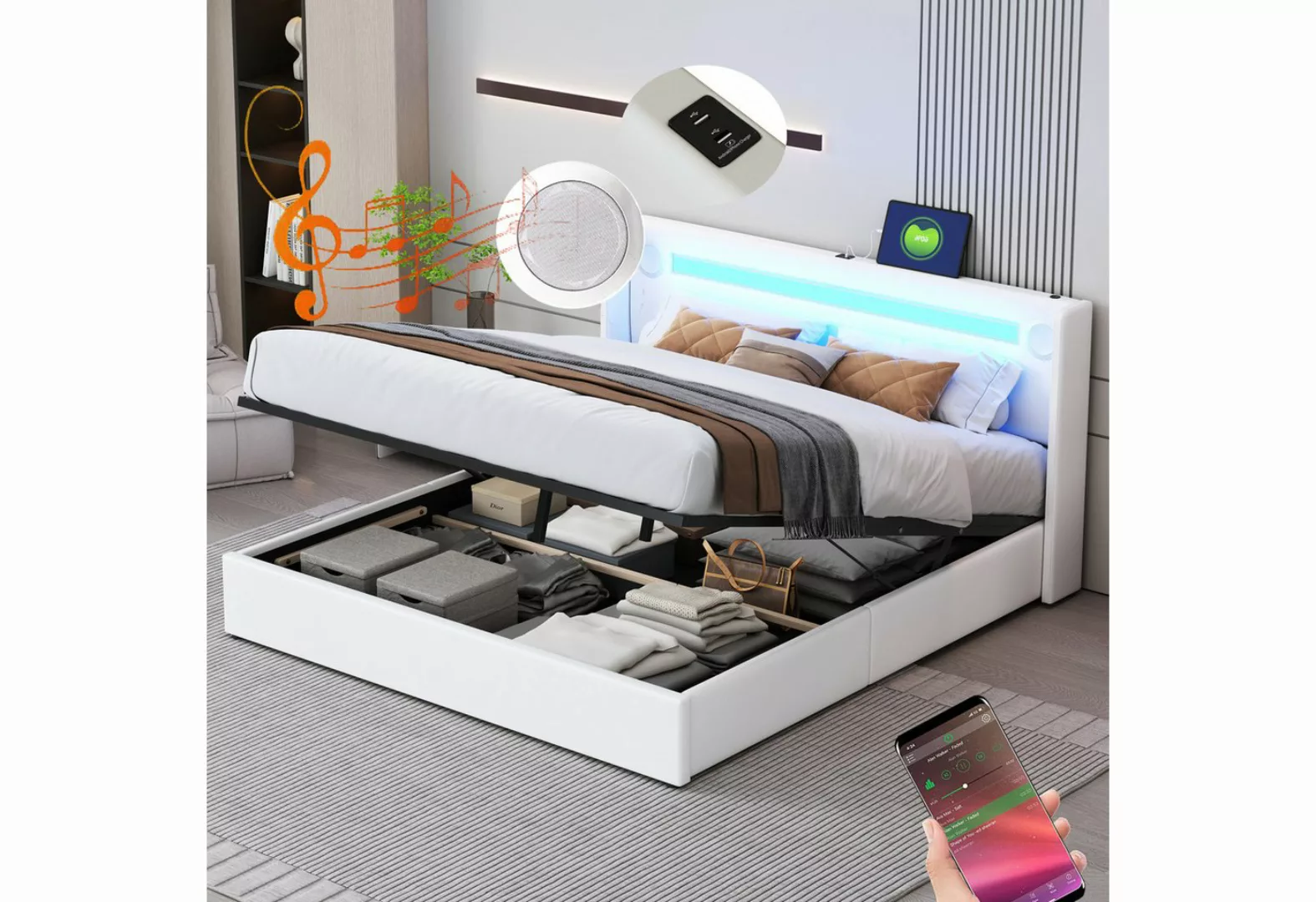 Rutaqian Polsterbett Doppelbett Stauraumbett Jugendbett Gästebett mit LED-L günstig online kaufen