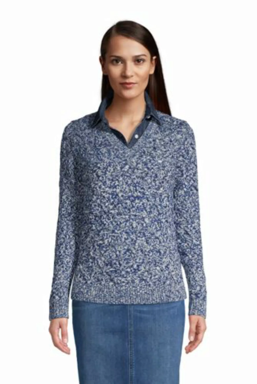 Zopfmuster-Pullover DRIFTER mit V-Ausschnitt, Damen, Größe: S Normal, Blau, günstig online kaufen