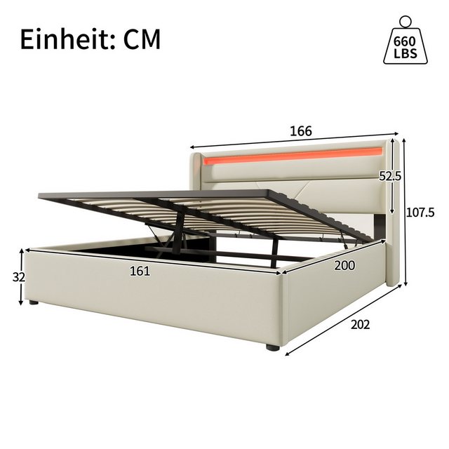 Flieks Polsterbett, LED Hydraulisches Stauraumbett Kunstleder 160x200cm günstig online kaufen