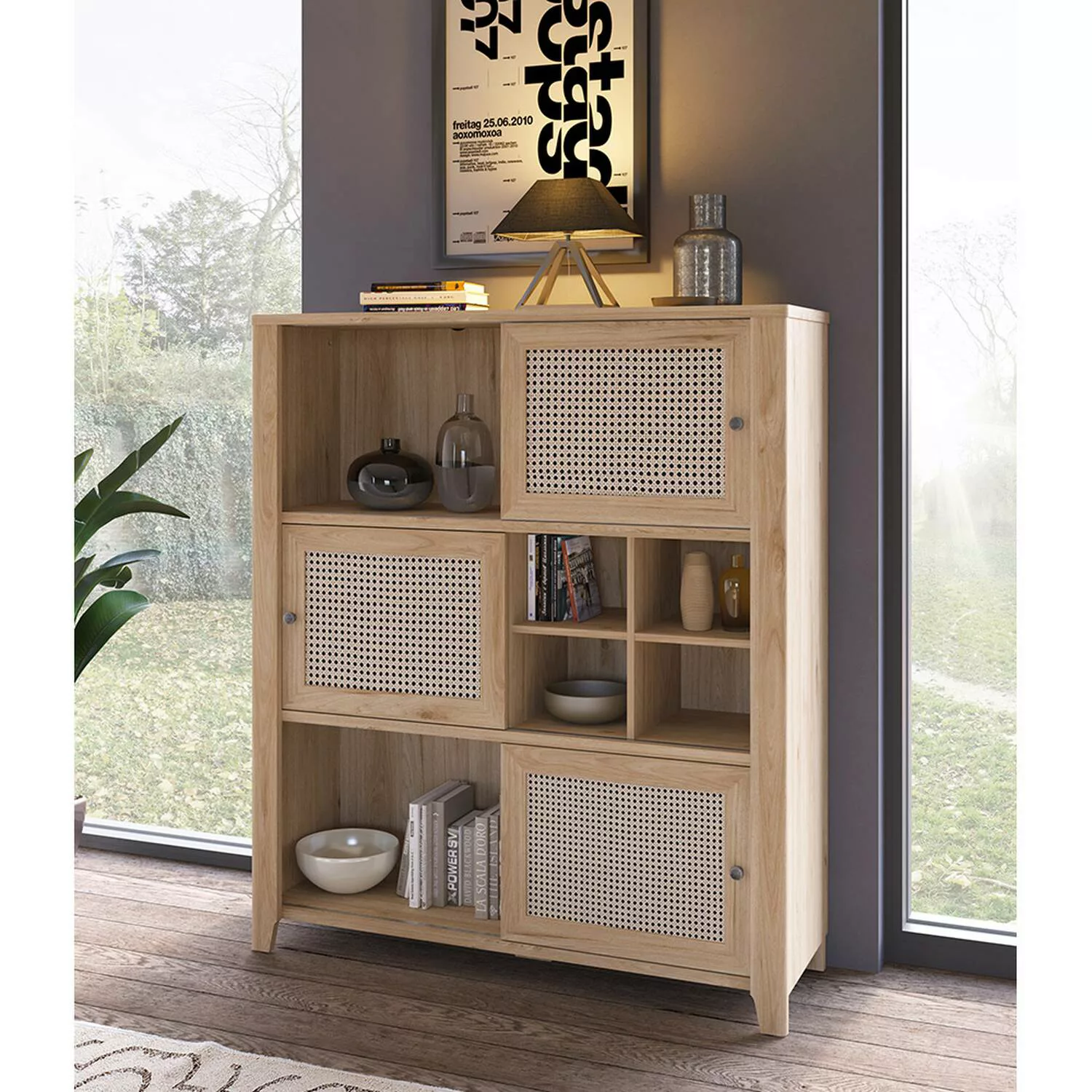 Highboard mit Schiebetüren CREMONA-129 in Eiche Nb. mit Wiener Geflecht Nb. günstig online kaufen