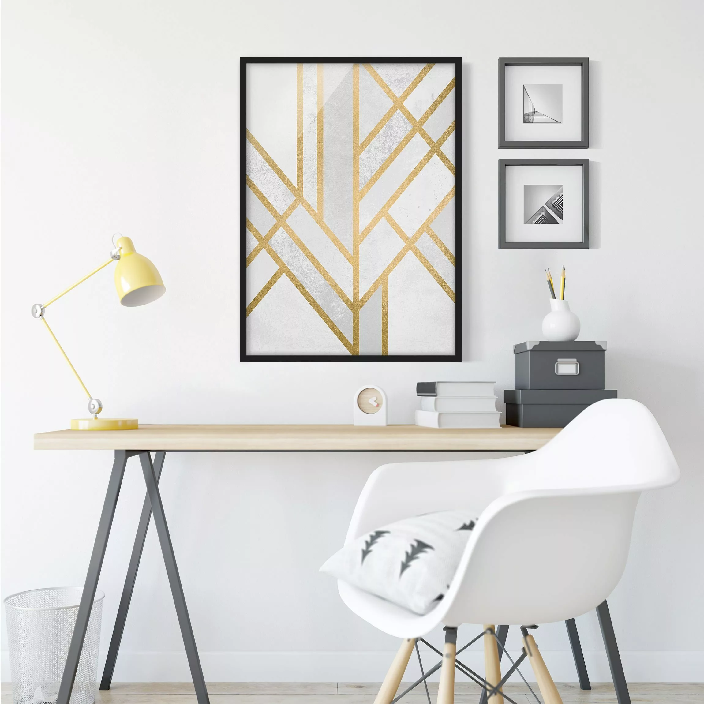 Bild mit Rahmen Abstrakt - Hochformat Art Deco Geometrie Weiß Gold günstig online kaufen
