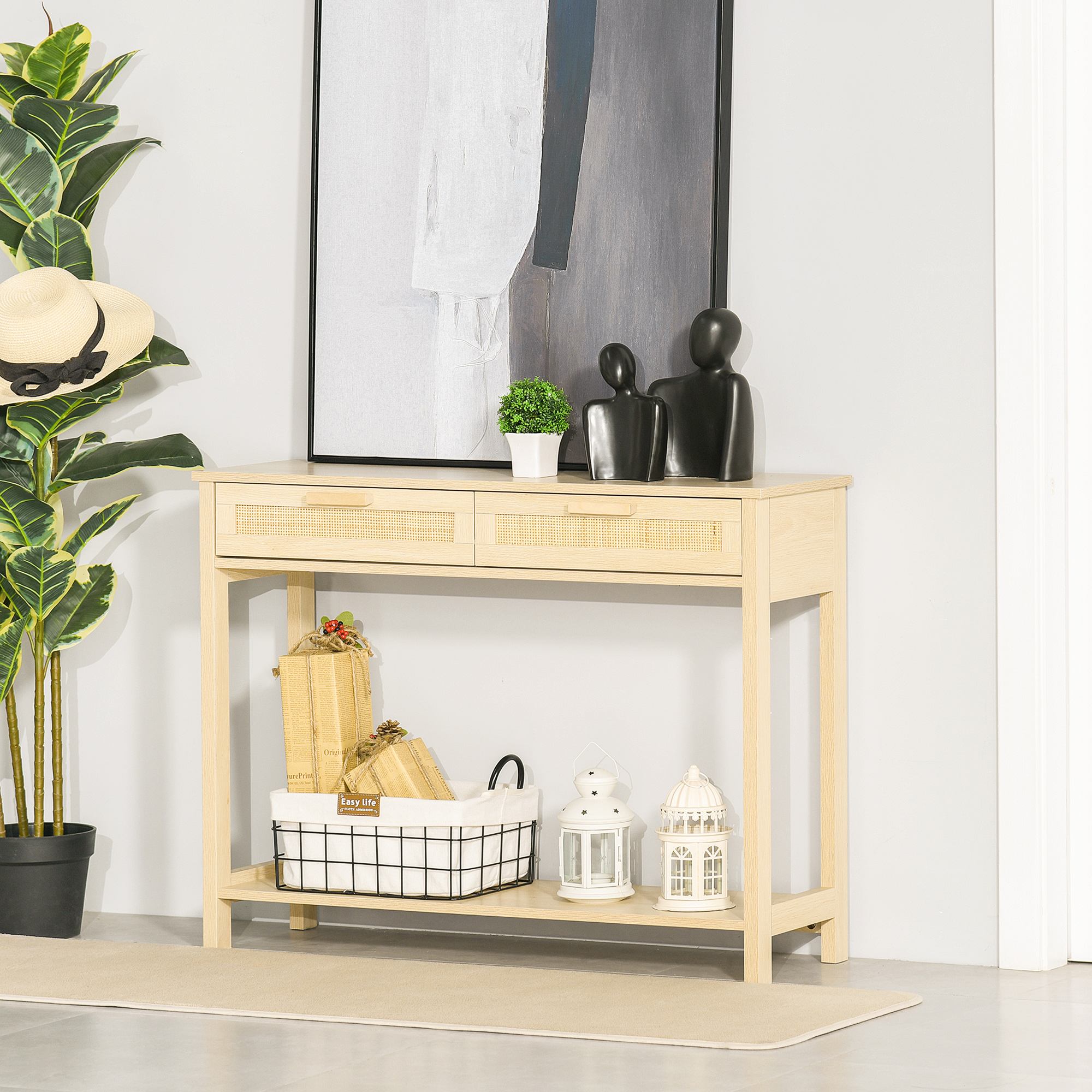 HOMCOM Konsolentisch Beistelltisch Rattan-Design mit 2 Schubladen Sideboard günstig online kaufen