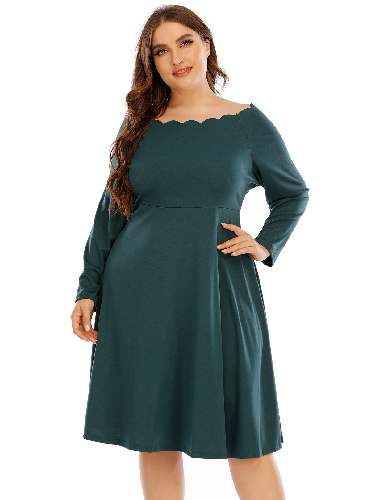 Plus Size Schulterfrei Lange Ärmel mit Wellenschliff Midi Kleid günstig online kaufen