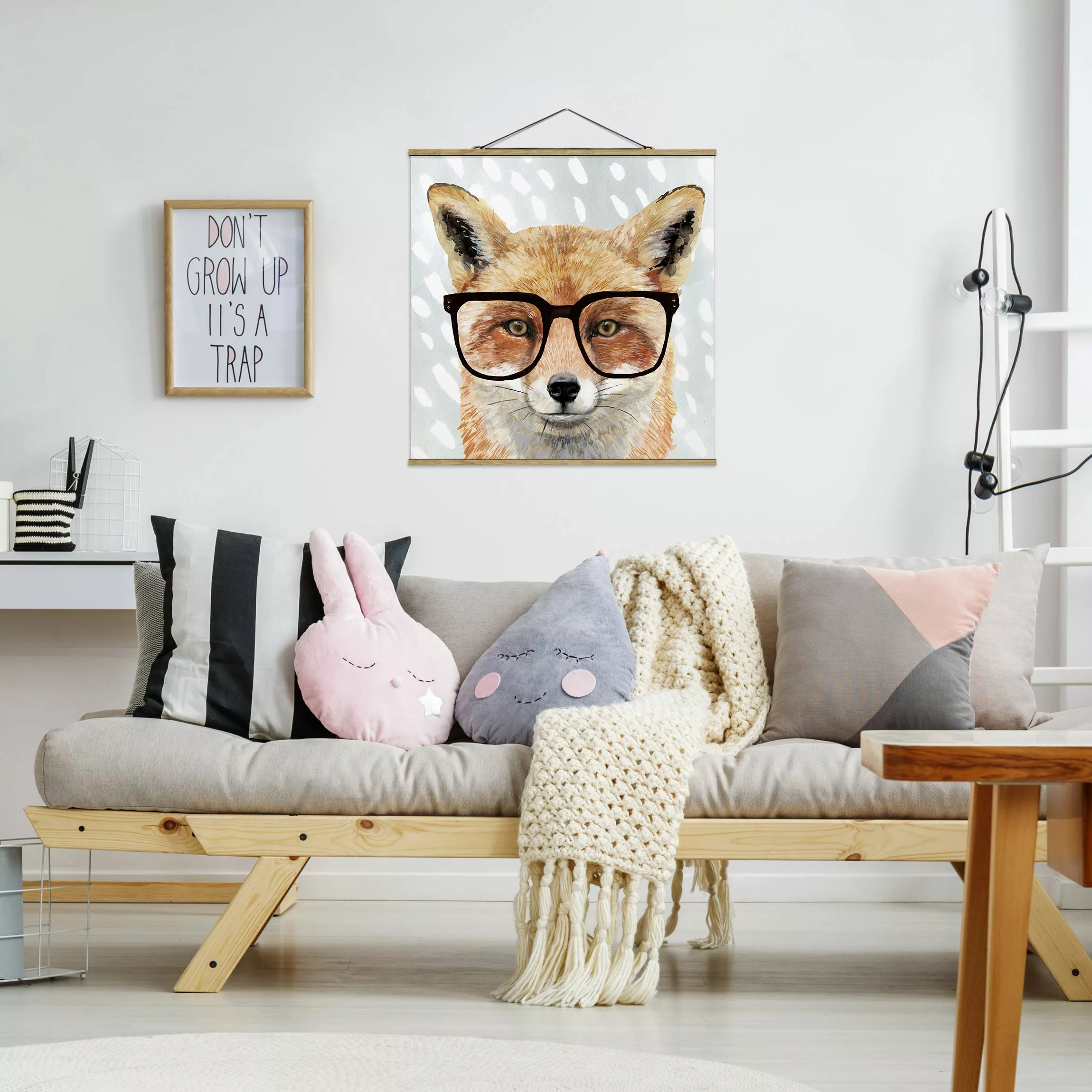 Stoffbild Tiere mit Posterleisten - Quadrat Bebrillte Tiere - Fuchs günstig online kaufen
