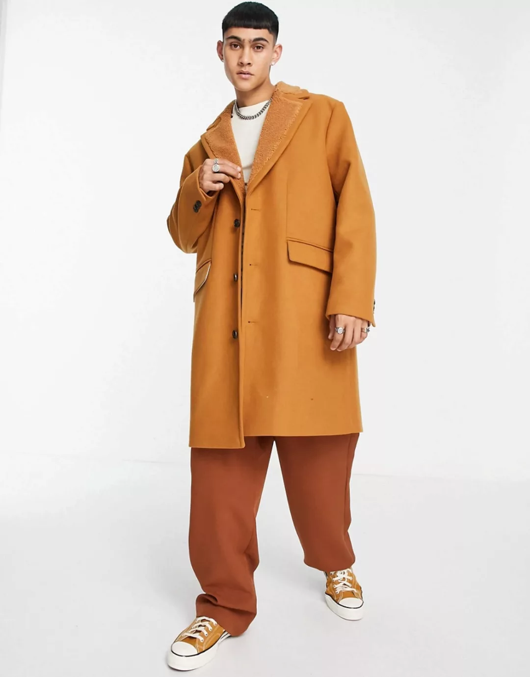 ASOS DESIGN – Mantel in Senfgelb mit Teddyfell-Besatz am Kragen-Blonde günstig online kaufen