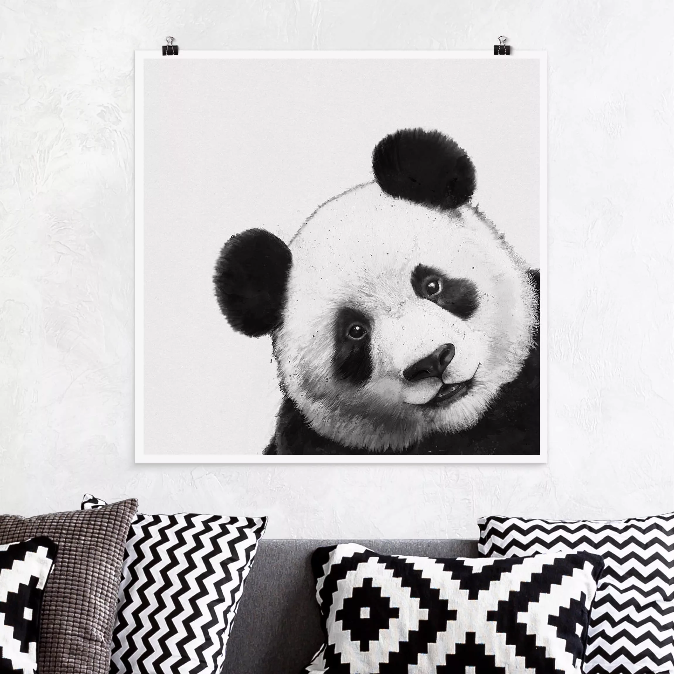 Poster Tiere - Quadrat Illustration Panda Schwarz Weiß Malerei günstig online kaufen