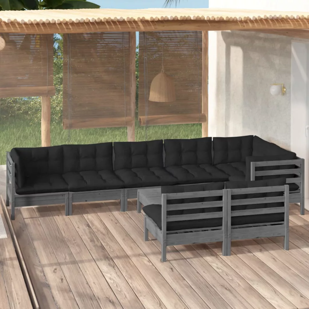 9-tlg. Garten-lounge-set Mit Kissen Grau Kiefer Massivholz günstig online kaufen