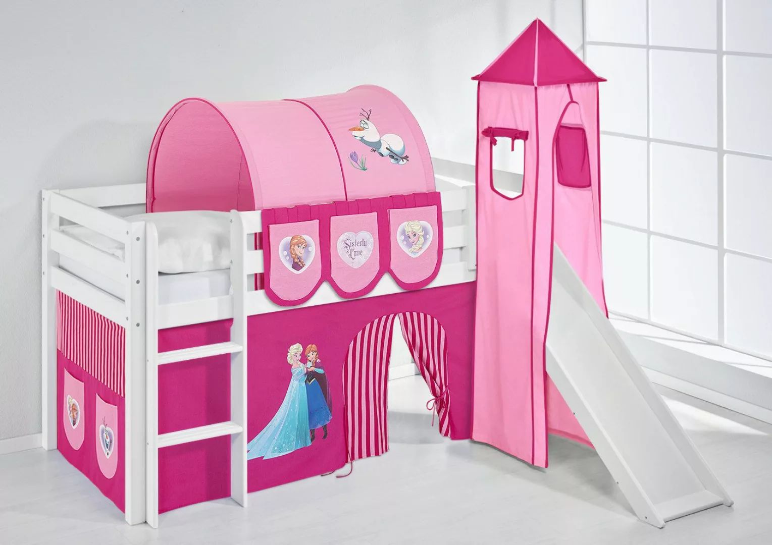 Lilokids Kinderbett Hochbett JELLE mit Vorhang & Turm Frozen Anna & Elsa Ei günstig online kaufen