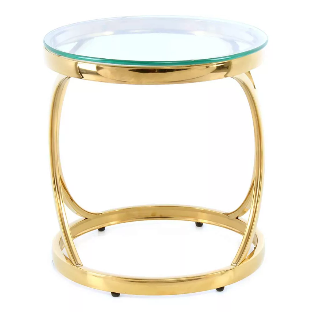 Glas Tisch mit runder Klarglasplatte Ringgestell in Goldfarben günstig online kaufen