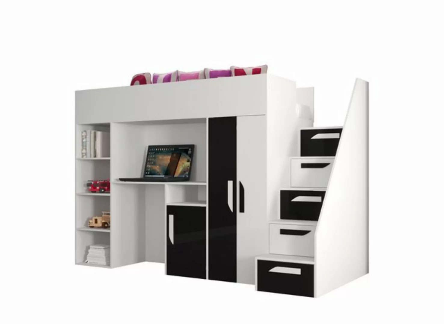 QMM TraumMöbel Hochbett PARIS 4 mit Schreibtisch Schrank Regal und Treppe H günstig online kaufen