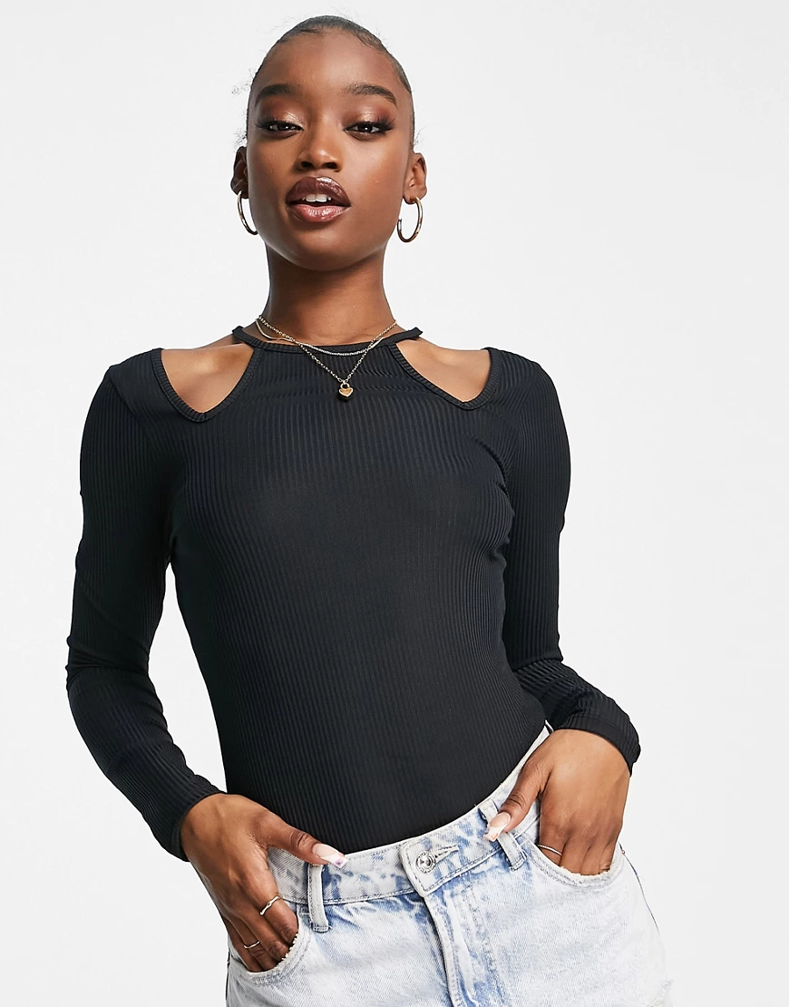 ASOS DESIGN – Langärmliger Body mit Zierausschnitten an den Schultern-Schwa günstig online kaufen