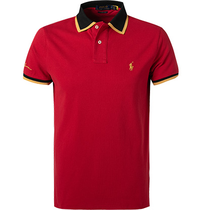 Polo Ralph Lauren – Polohemd aus Pikee in Rot mit Kontraststreifen und gold günstig online kaufen