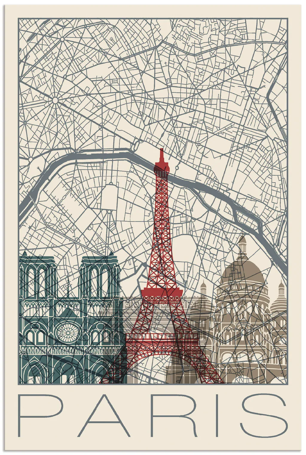 Artland Wandbild "Retro Karte Paris Frankreich und Skyline", Frankreich, (1 günstig online kaufen