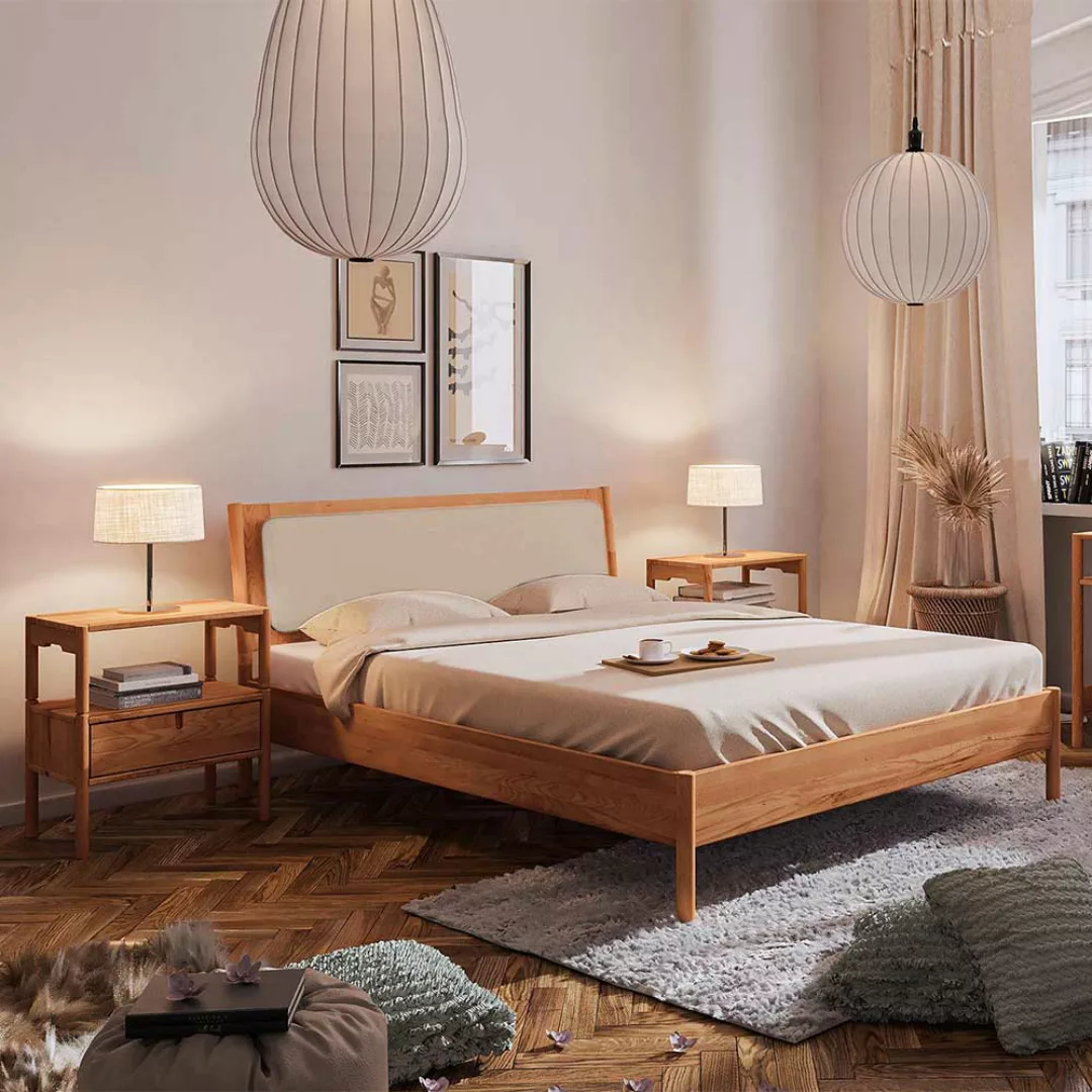 Wildbuche Holzbett mit Polster 38 cm Einstiegshöhe wahlweise mit Nachttisch günstig online kaufen