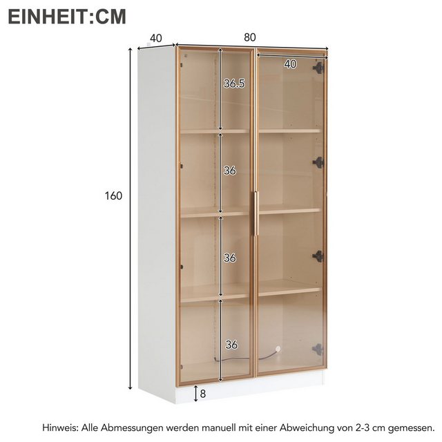 HT Hochschrank Doppeltürige Vitrine mit beweglichen Einlegeböden, 80x40x160 günstig online kaufen