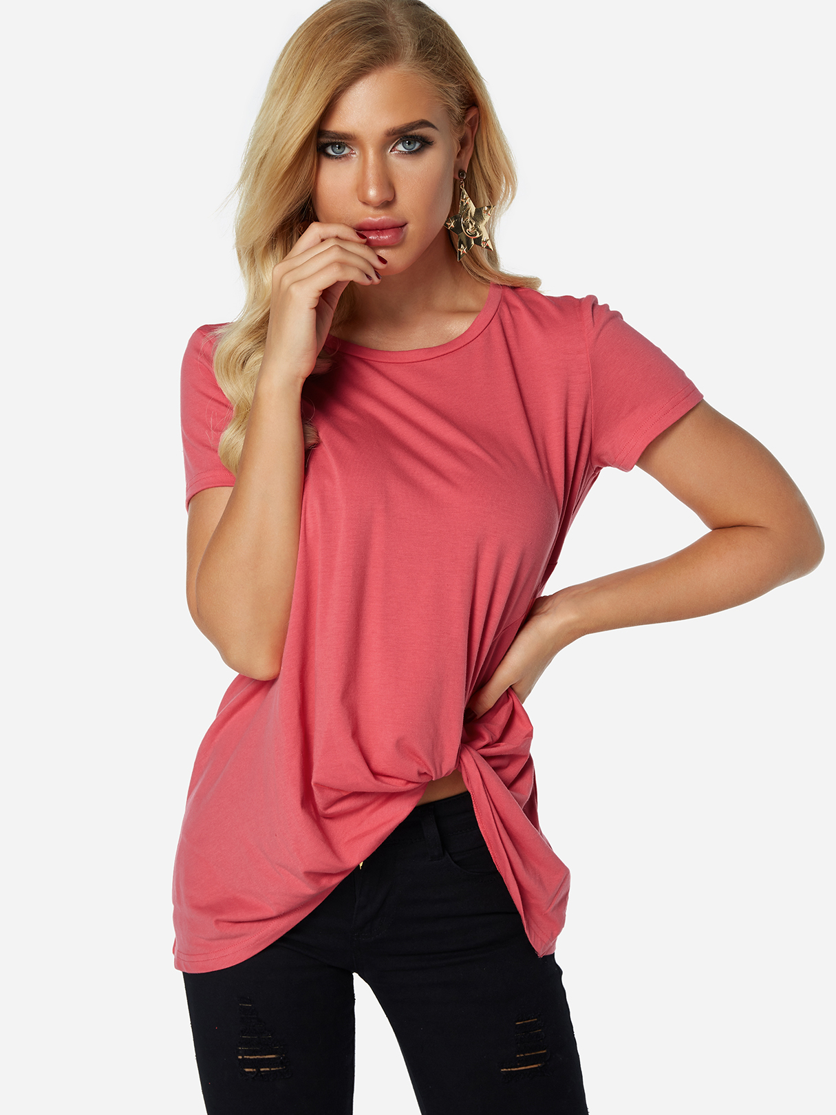 Rose Plissee Design Rundhalsausschnitt Kurzarm T-Shirts günstig online kaufen