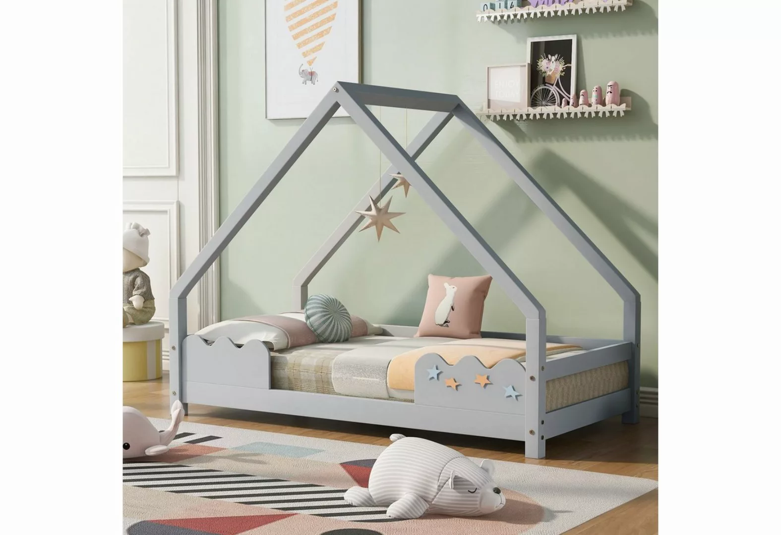 SOFTWEARY Kinderbett Hausbett mit Rollrost (80x160 cm), Holzbett aus Kiefer günstig online kaufen