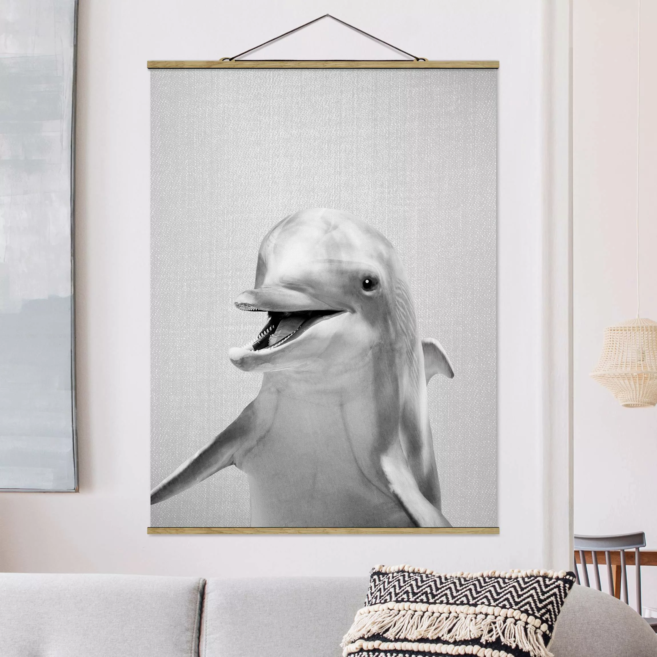 Stoffbild mit Posterleisten Delfin Diddi Schwarz Weiß günstig online kaufen