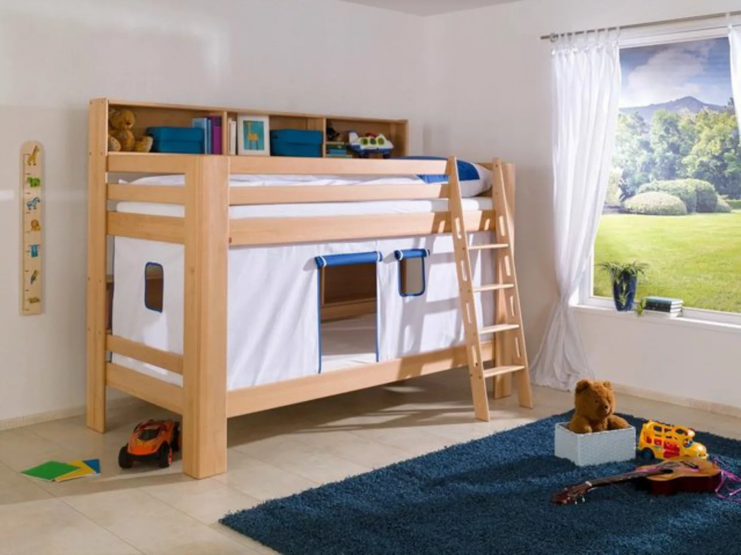 Natur24 Einzelbett Etagenbett Jan Buche Natur lackiert mit Bücherregal 90x2 günstig online kaufen