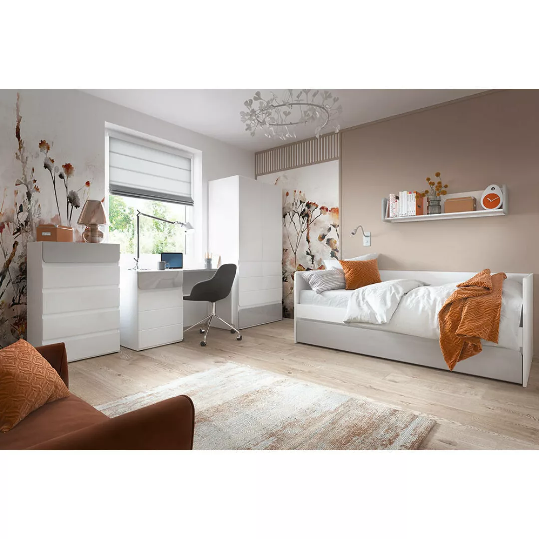 Jugendzimmer Set, Bett 90x200 mit Bettschublade, weiß, grau FLINT-129 5-tei günstig online kaufen